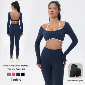 Workout Sets for Women 2 Piece Outfits Seamless High Waist Leggings Yoga Long Sleeve Crop Tops Athletic Gym Sets elegante  sport halter bra for gym workout sets for women Free Gift: Athletic Shorts