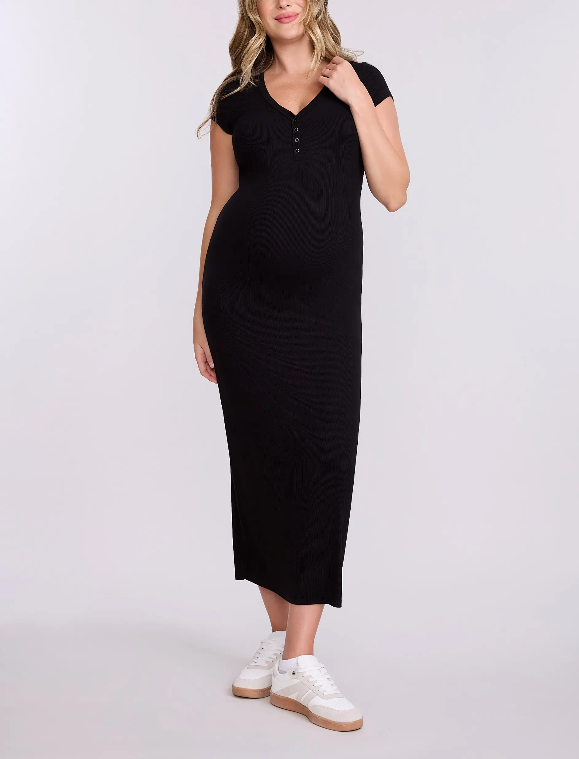 Motherhood Maternity Women's Short Sleeve Henley Bodycon Maxi Maternity Dress - Pregnancy & Nursing Postpartum Dress
