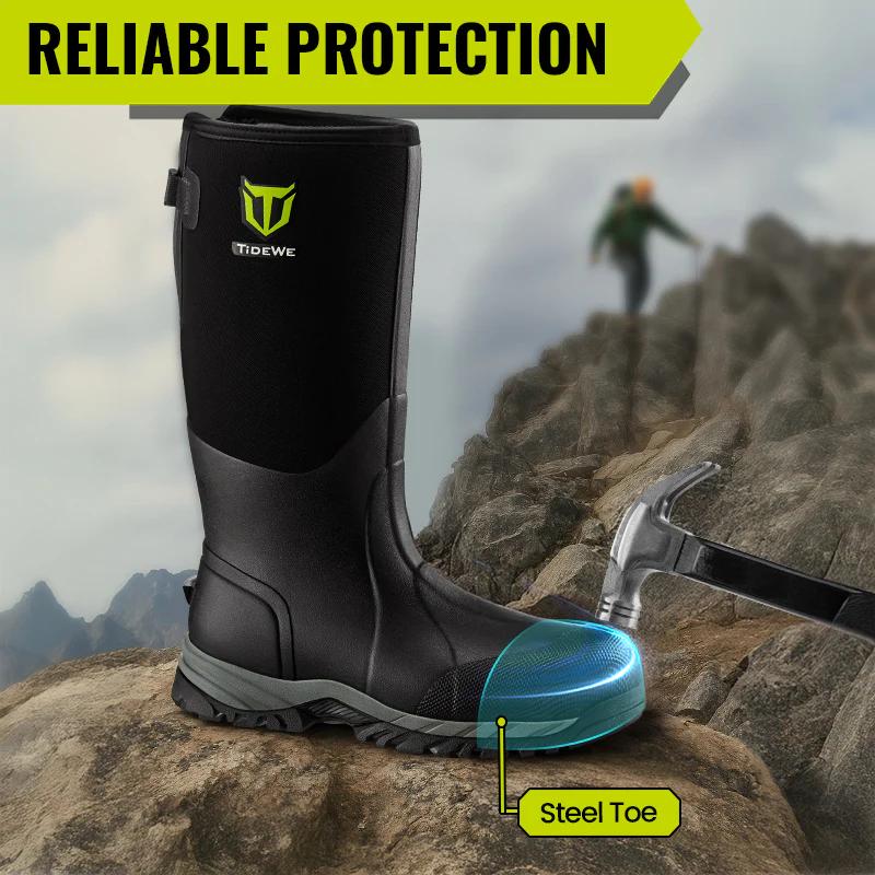 TIDEWE Work Boots Puncture-Proof with Steel Toe & Shank, Waterproof Anti Slip Rubber Boots for men worker, 6mm Neoprene Outdoor Boots Boy Footwear Walking Shoes Comfort Rain Shoes for Men steel toe boot men s boots work Closed Onyx