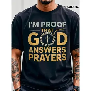 Mens Christian TShirt I Am Gods Response to Prayer with Crown and Cross Design Golden Lettering UltraSoft Breathable Fabric White and Black Round Neck Short Sleeve Shirt for Church Easter Christmas Religious Apparel for Prayer Meetings