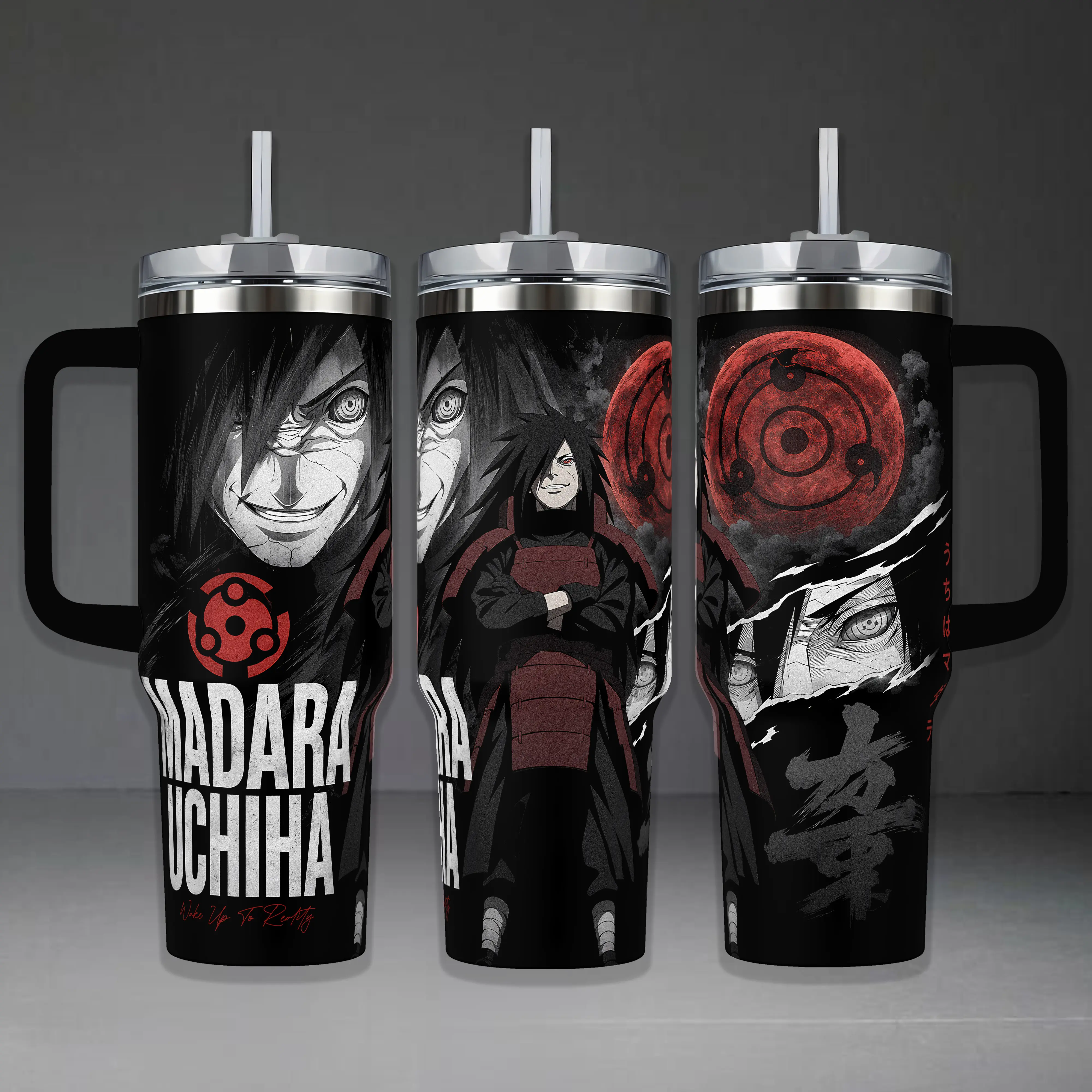Madara Uchiha "Wake Up To Reality" Insulated Tumbler - 20oz/40oz Leak-Proof Travel Mug with Handle, Straw, Lid, Printed Sharingan Eye & Legendary Shinobi Art, Naruto Anime Merch Coffee Cup, Gift for Manga Fans, Insulation, Heat Resistant
