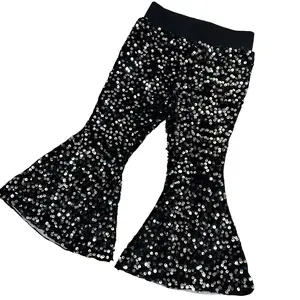 Girls' Black Sequined Slim-Fitting Bell Bottom Trousers, E5-30 Fashion Flare Pants