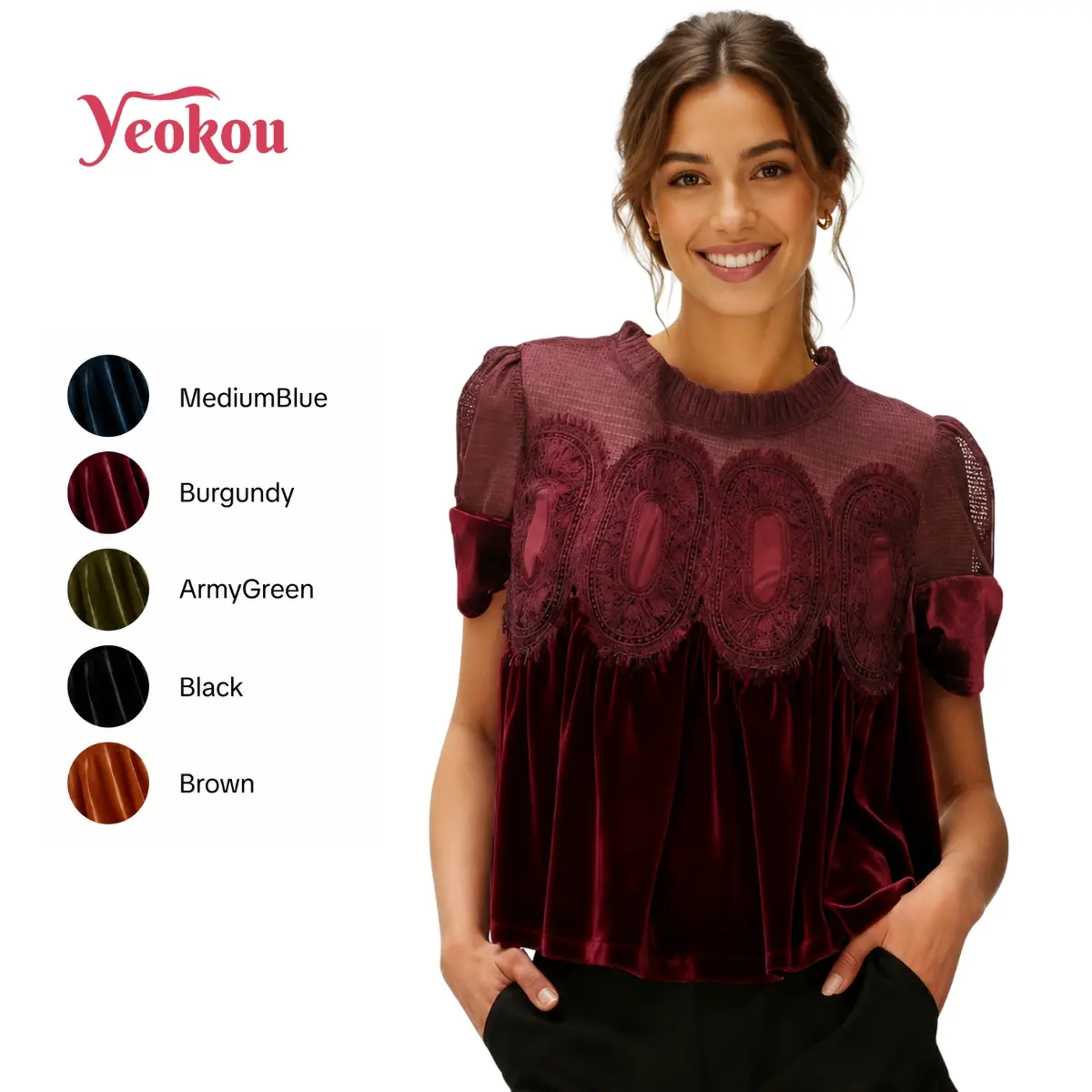 Yeokou Women's Chic Velvet & Sheer Lace Short Sleeve Top - Flowy Crewneck Ruffle Trim Blouse Vintage Party Casual Shirt Elegance Everyday