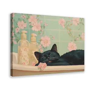Black Cat in A Bathtub Poster, Relaxation Poster, Japanese Bathroom Wall Art, Neutral Japandi Print