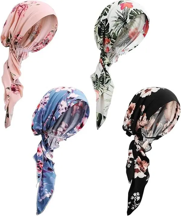 Women's 4-Pcs Pre-Tied Polyester Chemo Headwear Turbans - Cancer Patient Caps, Valentine's Day Gifts, Home Supplies, Accessories for Women