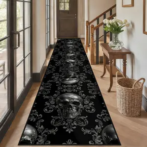 Gothic Skull Area Rug Runner (20x47.24inch, 24x78.74inch, 24x118.1inch)- 3D Black & Silver Baroque Floral Hallway Carpet, Non-Slip Suede Floor Mat for Entryway, Kitchen & Bedroom