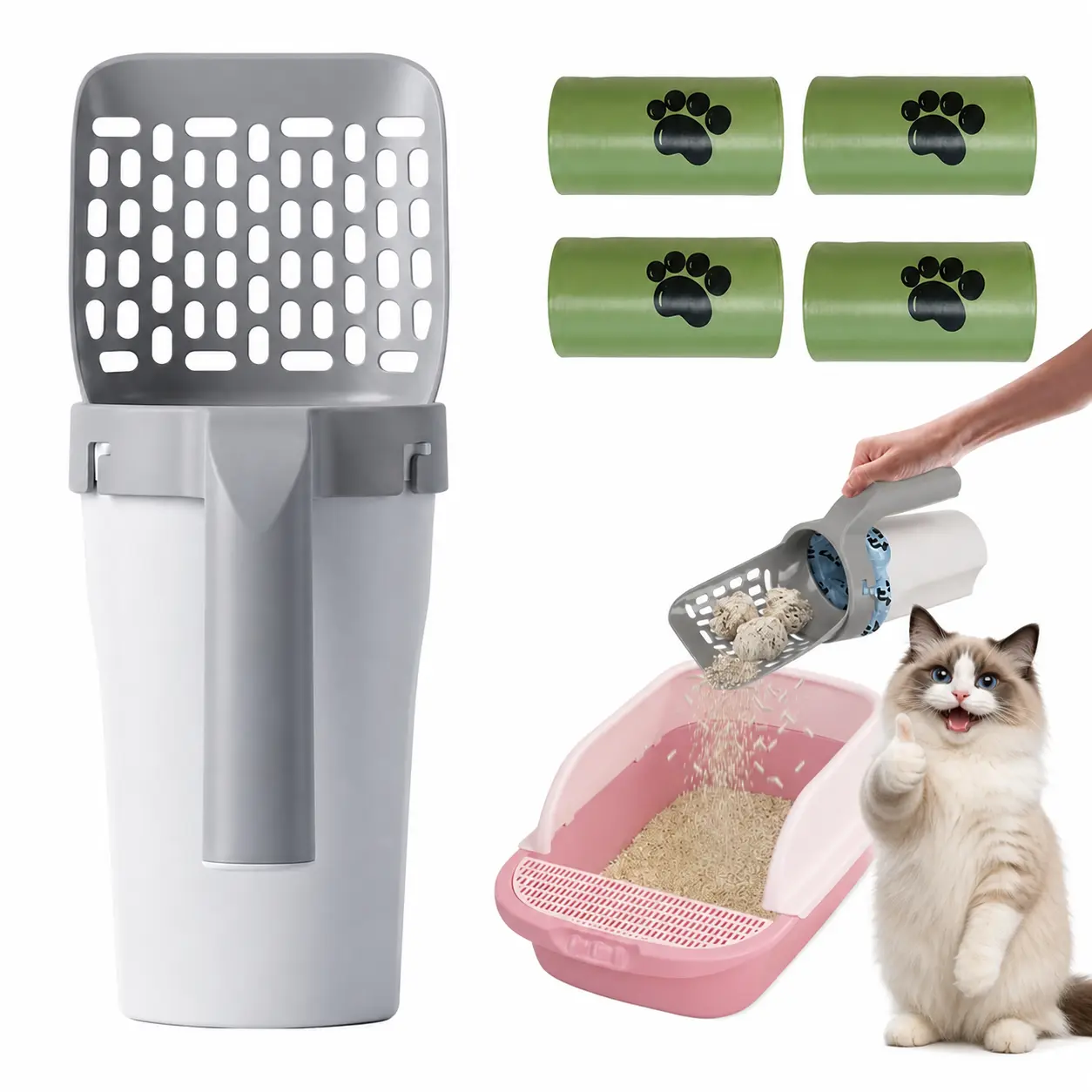 Handheld Universal Cat Litter Box Scooper - 1 Plastic Shovel with Waste Bin, Poop Sifting, Mess-Free Clean, Daily Cleaning, Anti-Pinch Design Filter, Leakage & Anti-Urine Protection, 4 Bonus Pet Poop Bags