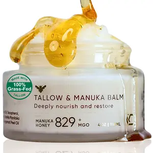 100% Grass-Fed Beef Tallow & Manuka Honey Balm, Natural Moisturizer Cream for Face & Body, Eczema Relief Cream, Moisturizer for Dry Skin, Pure Tallow Face Moisturizer for Sensitive Skin, 4oz