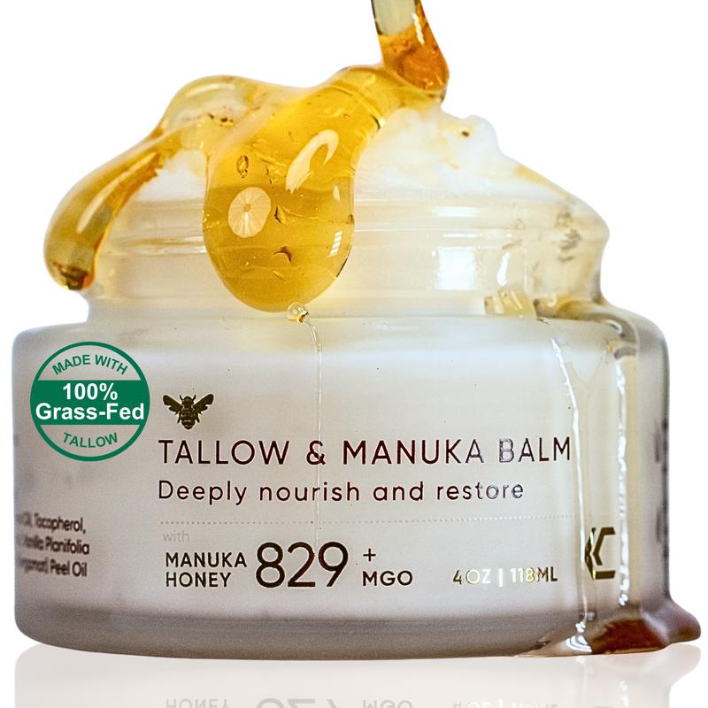 100% Grass-Fed Beef Tallow & Manuka Honey Balm, Natural Moisturizer Cream for Face & Body, Eczema Relief Cream, Moisturizer for Dry Skin, Pure Tallow Face Moisturizer for Sensitive Skin, 4oz