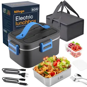 1.8L Black Square Electric Lunch Box 80W High Power Digital Display Food Grade Stainless Steel Sealed Leakproof Multi Voltage for Car Truck Office Student Outdoor Camping Picnic