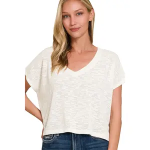 Hacci Slub V-neck Drop Shoulder Crop Top