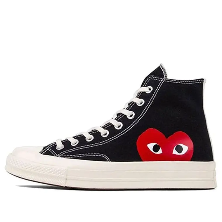 Converse x Comme des Garçons PLAY Men's Chuck 70 Hi-Top Canvas Sneakers with Heart Logo in Classic Black, Sports Shoes, Footwear, Athletic, Classic Casual, Novelty Print, Lace-Up, Closed, Rubber