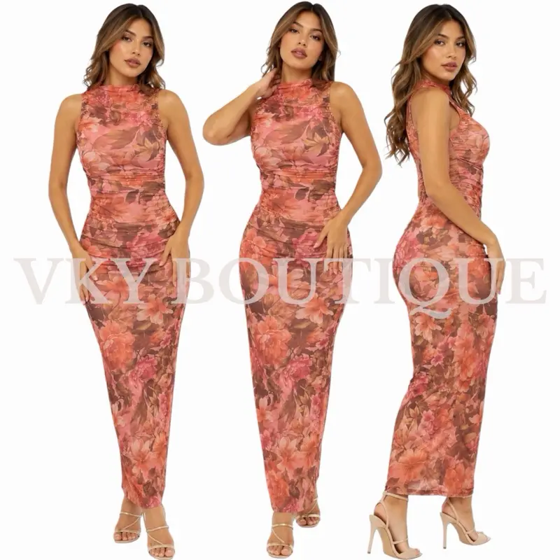 Vintage Bloom High Neck HM Maxi Dress with Floral Pattern and Sleeveless Design