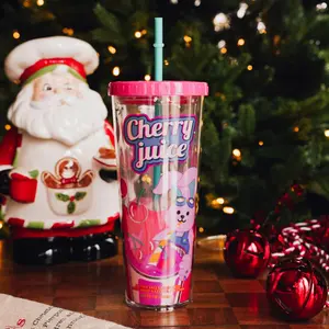 Wiggle Wiggle Cherry Tumbler 720ml - Large Capacity Insulated Straw Cup for Cold Drinks, Korean Style Aesthetic Travel Mug