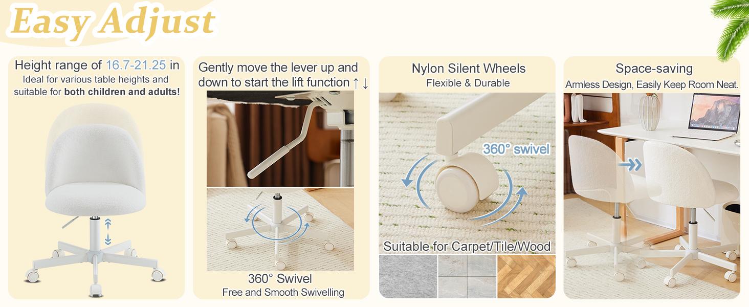 VINGLI Candy Chair Armless Cute Desk Chair,Comfy Small Office Chair with Wheels,Vanity Chair with Lumbar Support,Teddy Adjustable Rolling Swivel Computer Task Chair for Home Office,Bedroom,White