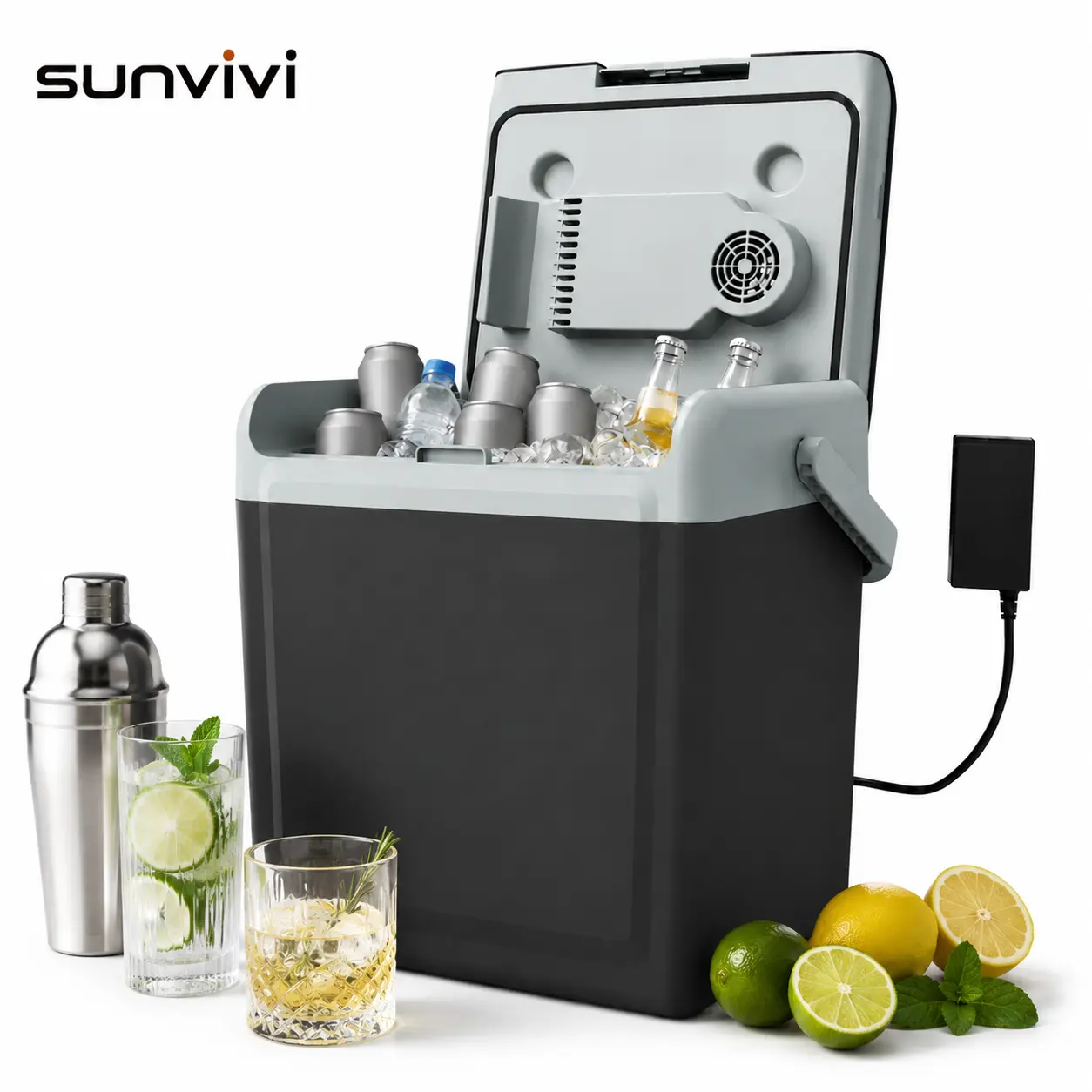 Sunvivi 25QT Capacity Compact All-Season Electric Cooler & Warmer - 12V DC/110-240V AC Quiet Thermoelectric Functional Mini Fridge for Camping, Road Trips