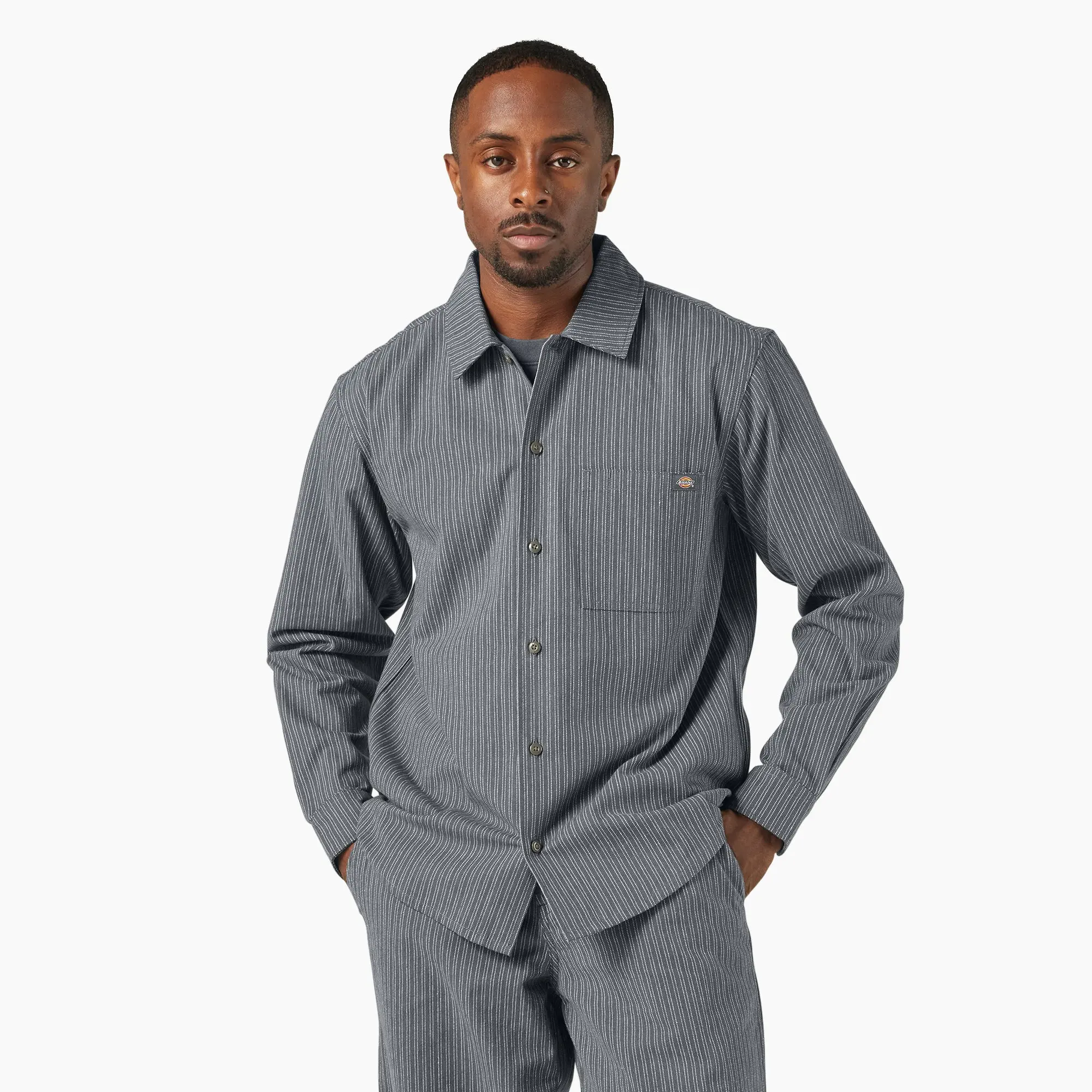 Dickies Men's Lima Pinstripe Long-Sleeve Pocket Button-Up Shirt, 100% Cotton, Relaxed Fit, Menswear Workwear Utility Tops