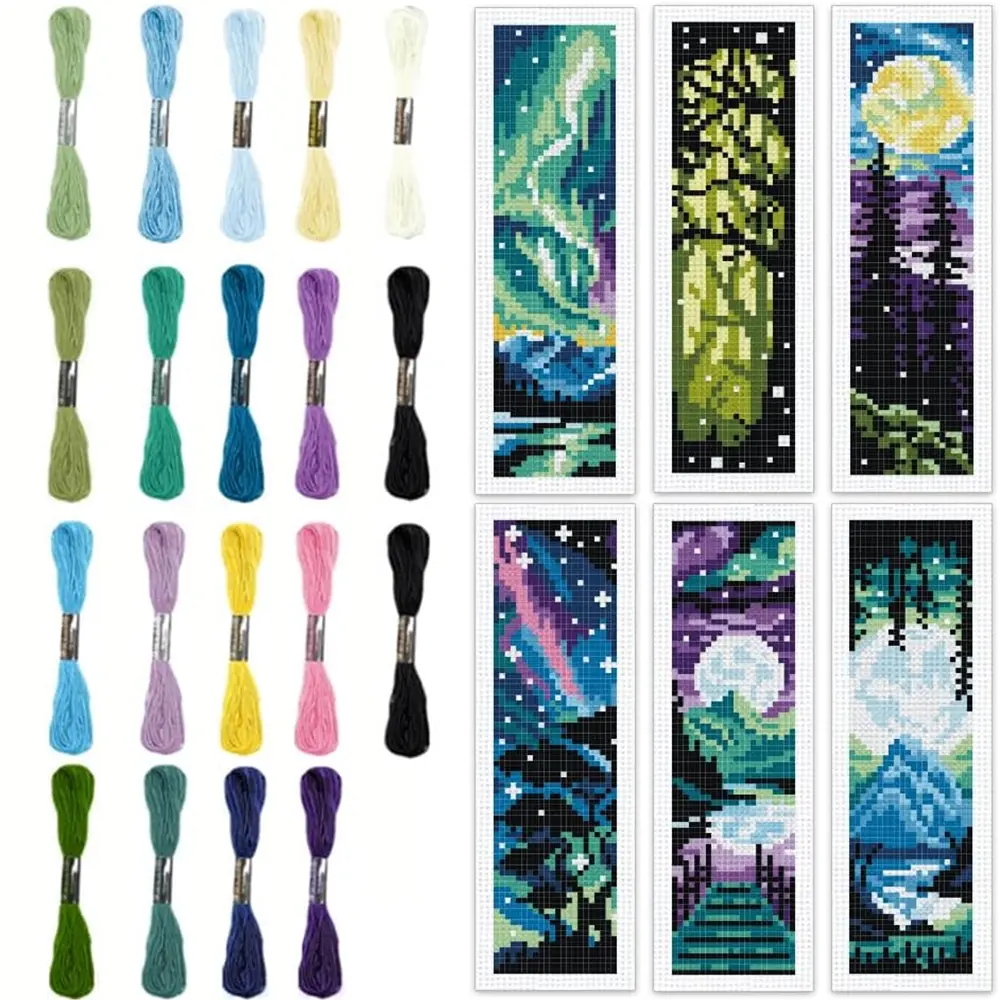 Dreamy Aurora Themed Cross Stitch Bookmark DIY Art Kit, Crafting Kit, Includes Printed Fabric Threads Tools Manual, Perfect Gift for Beginners Crafters, Embroidery Threads, Stitching Tools, Instructions