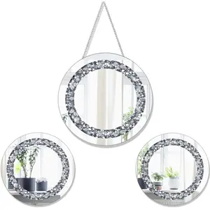 3pc Round Bling Wall Mirror Set Crushed Diamond Crystal Glam Decor 12" & 8"