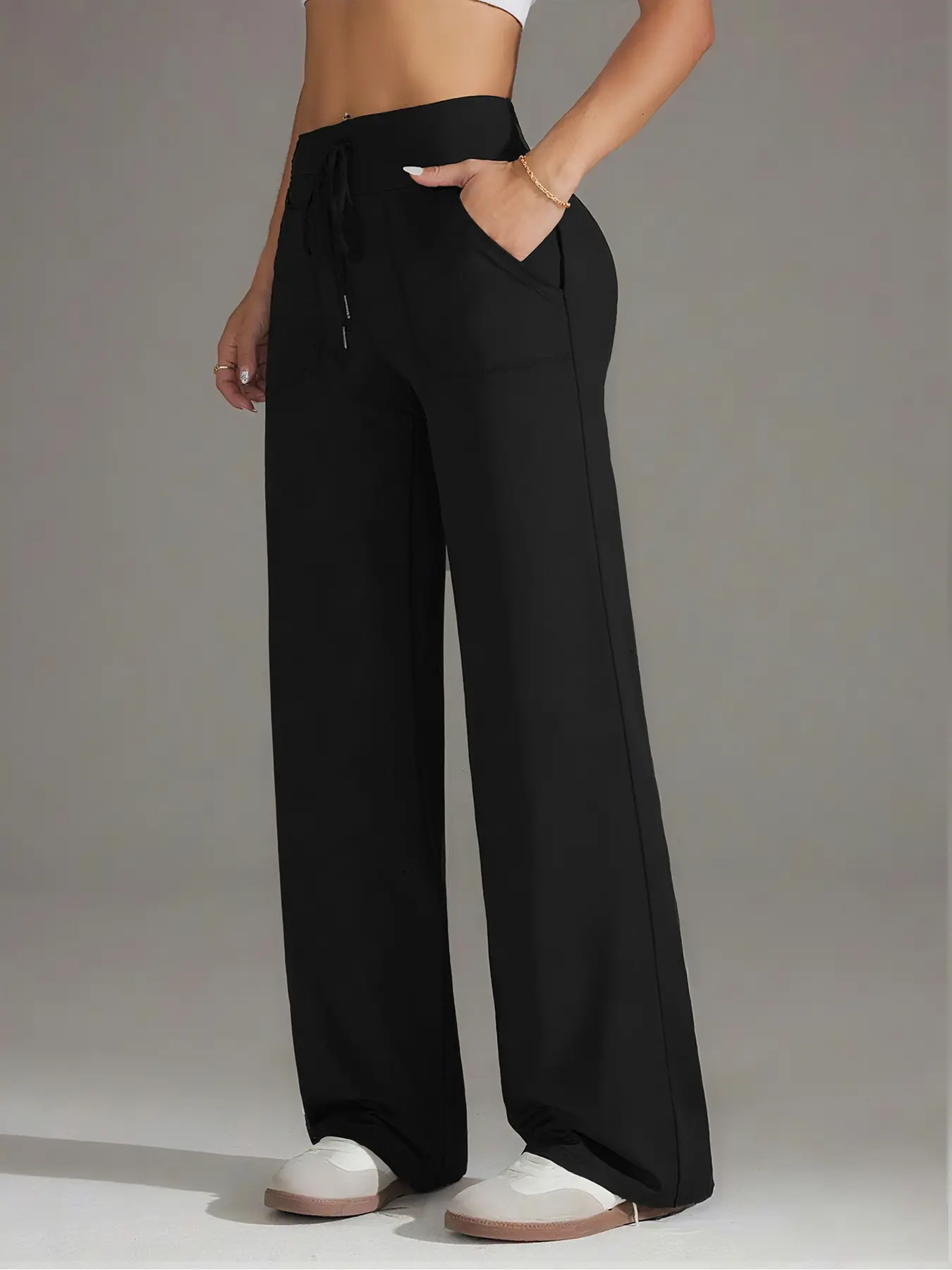 High Waist Stretchy Drawstring Elastic Casual Pants, Wide Leg Straight Fit Gym Pants, Fall & Winter Long Pants with Pockets, Athleisure Style Bottoms, Casual Sportswear Pants, Casual Fitness Pants, Activewear Pants, High Waisted Sportswear