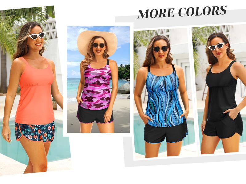 Aqua Eve Women Tankini with Shorts - Two Piece Swimsuit Tummy Control Bathing Suit with Pocket Cross Back Swimwear