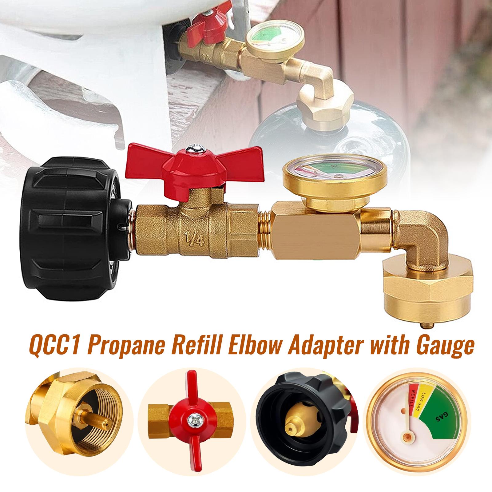 Propane Refill Adapter for 1 LB. Tanks with Luminous Gauge, Refillable Propane Cylinder 1 LB, 5-40 LB Tank Filling, 90-Degree Elbow, Metal Hardware for Industrial Use
