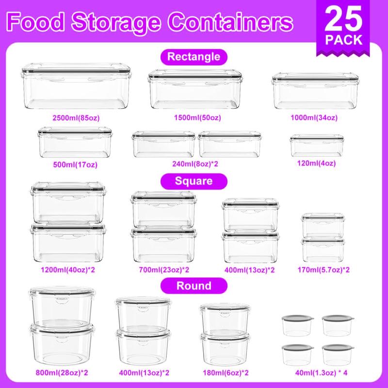 AISOON 50-Piece Plastic Meal Prep & Pantry Container Set – 25 Multi-Size BPA-Free Boxes with Leakproof Lids, Microwave & Freezer Safe, with Labels & Marker