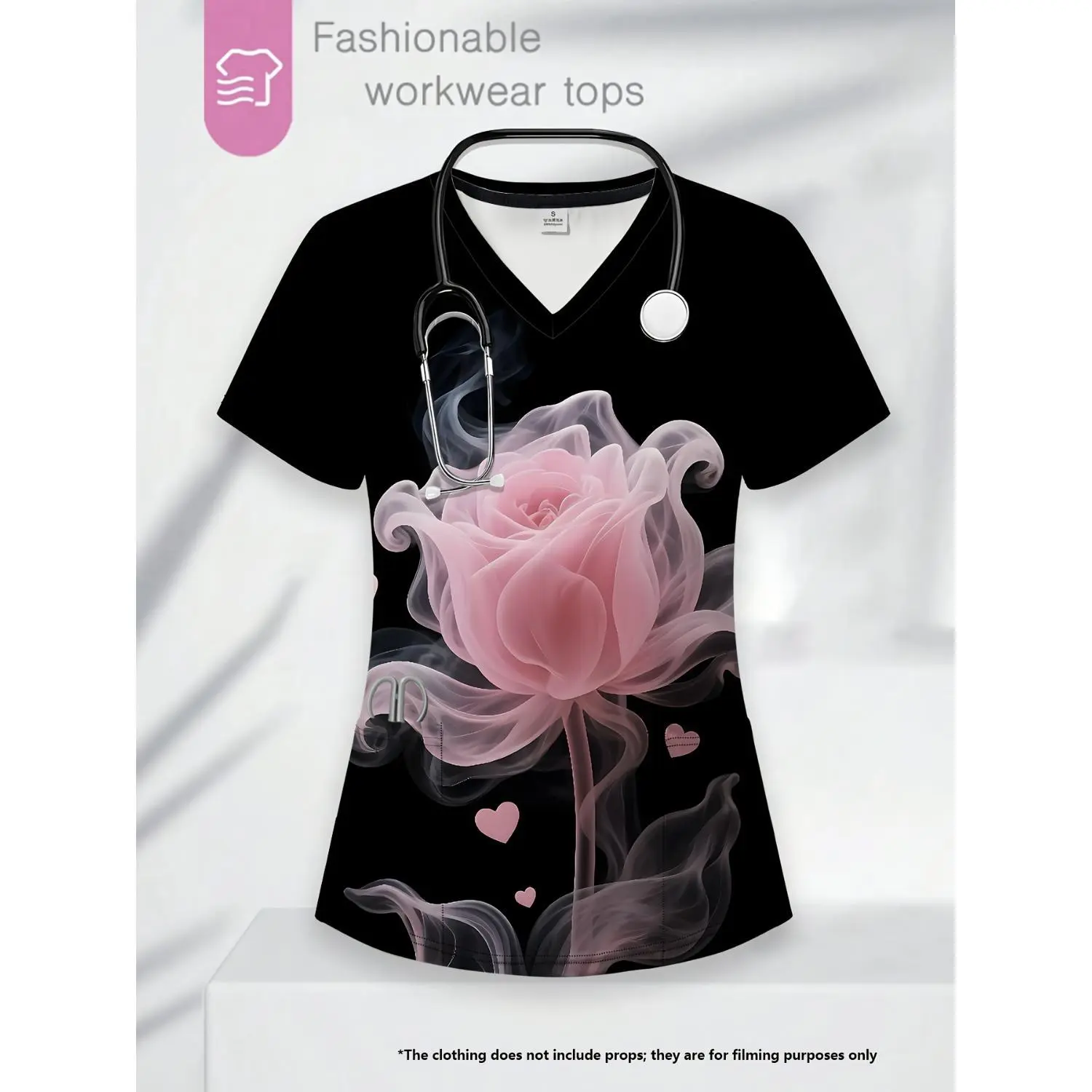 Black Valentine's Day Heart Cartoon 3D Rose Flower Pattern Fashionable Women's V-Neck Pocket T-Shirt Top