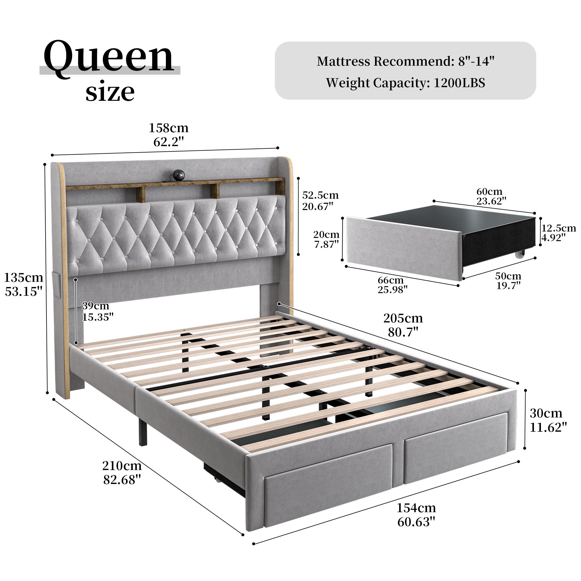 Queen LED Bed Frame with Storage Drawers Upholstered Platform Bed Galaxy Star Projector Charging Station Speaker Aurora Bedframe 2-Tier Storage Headboard Noise-Free PU Leather Velvet Funky Bedroom Furniture