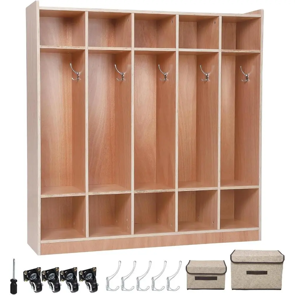 Child-Friendly Sturdy Closet Storage Wardrobe - 5-Section, 10 Cubbies, 5 Hooks, 2 Storage Boxes, 4 Casters, Anti-tip Kit, Certified Safe Natural Grain Construction, 54in W x13in D x48in H, Assembly Required, for Classrooms, Small Room Ideas