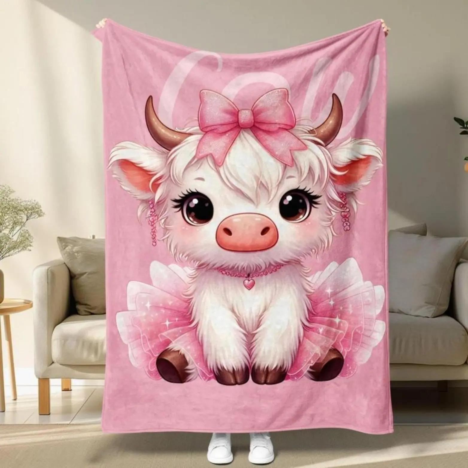 Cozy Cartoon Cow Polyester Blanket, Graphic Throw Blanket for Couch, Warm Soft Fabric Bedding, Home/Office Use, Ideal for Christmas Gifts & Decorations