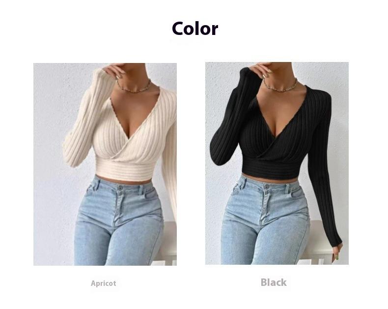 Short Deep V-neck Slim-fit Long Sleeve Knitted Sweater in Apricot & Black for Winter Pullover Style Thick Polyester Plain Design Short Deep V-neck Slim-fit Long Sleeve Knitted Sweater in Apricot & Black for Winter Pullover Style Thick Polyester Plain Design