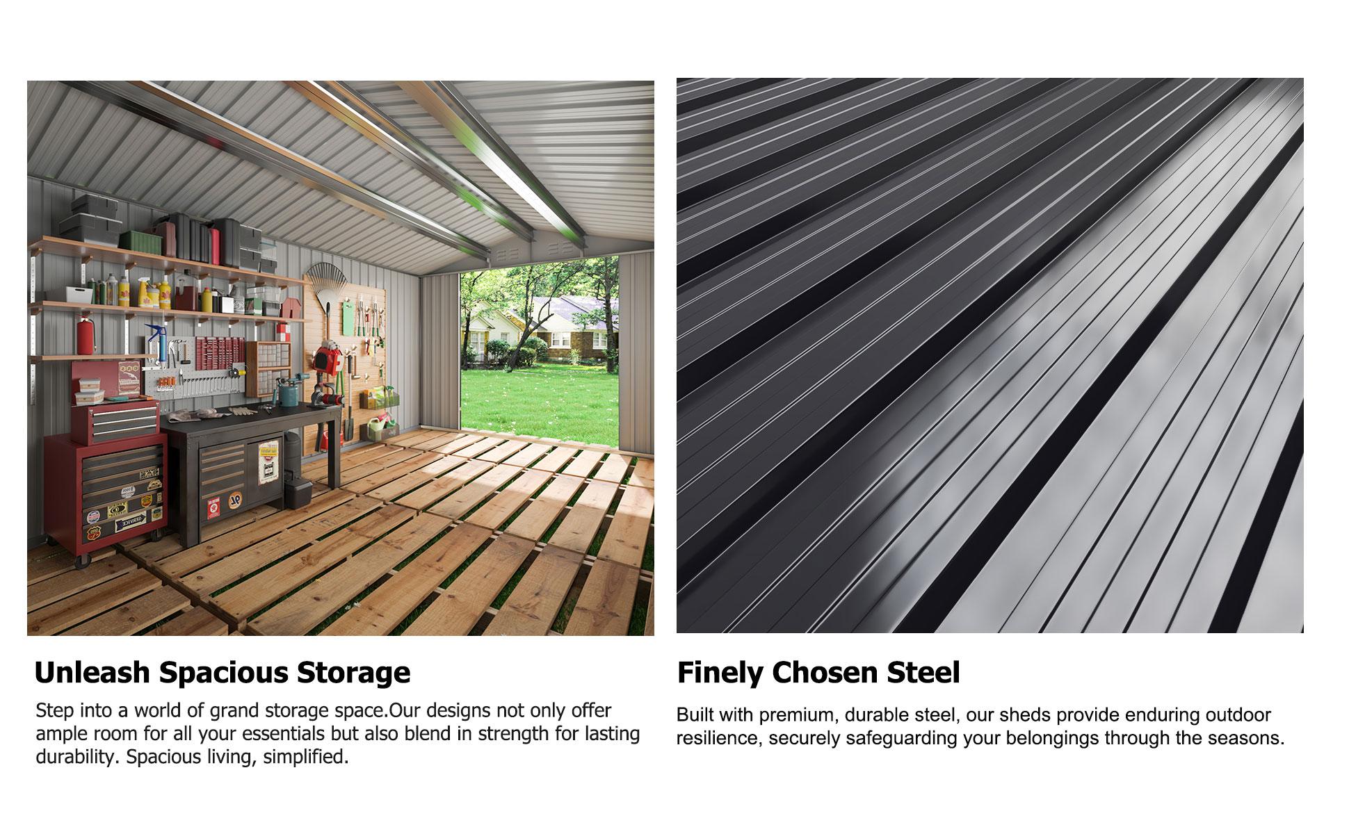 Outdoor Storage Shed - A Weatherproof Metal Utility Shed equipped with a Door and Ramp Access, Perfect for Exterior Applications in Gardens, Backyards, and Patio Areas.