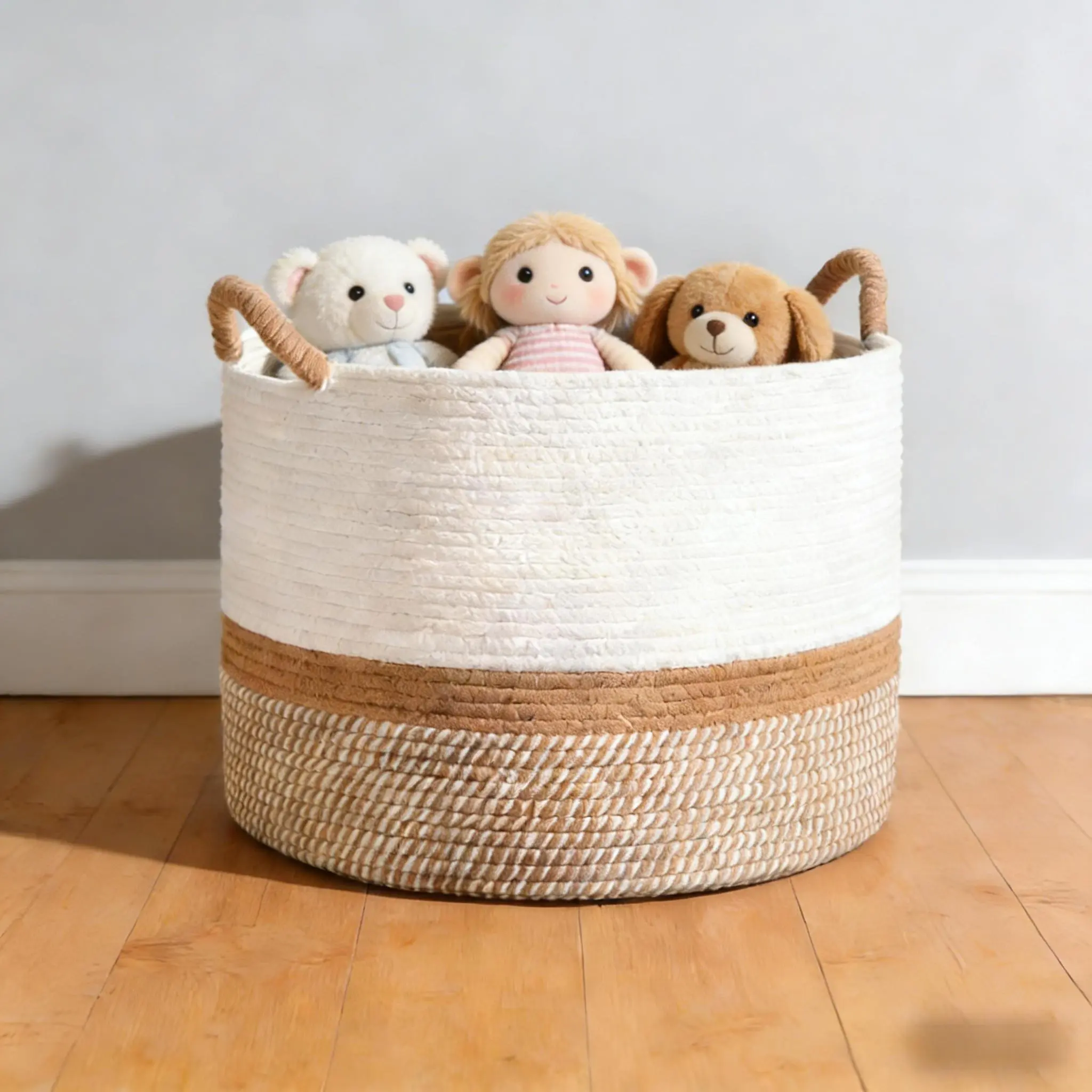 Minimalist Natural Cotton Woven Fabric Storage Basket with Handles, Eco-Friendly Home Organizer for Nursery, Clothes/Laundering, Laundry Room Organization