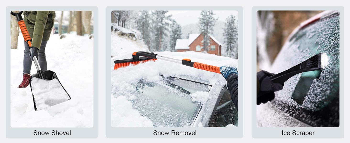 Odoland Ice Scraper with Snow Brush and Snow Shovel, 35" Extendable Snow Remover with Foam Grip, 360° Pivoting Brush Head for Car Windshield, Emergency Snow Scraper for SUV Truck Vehicle, Orange