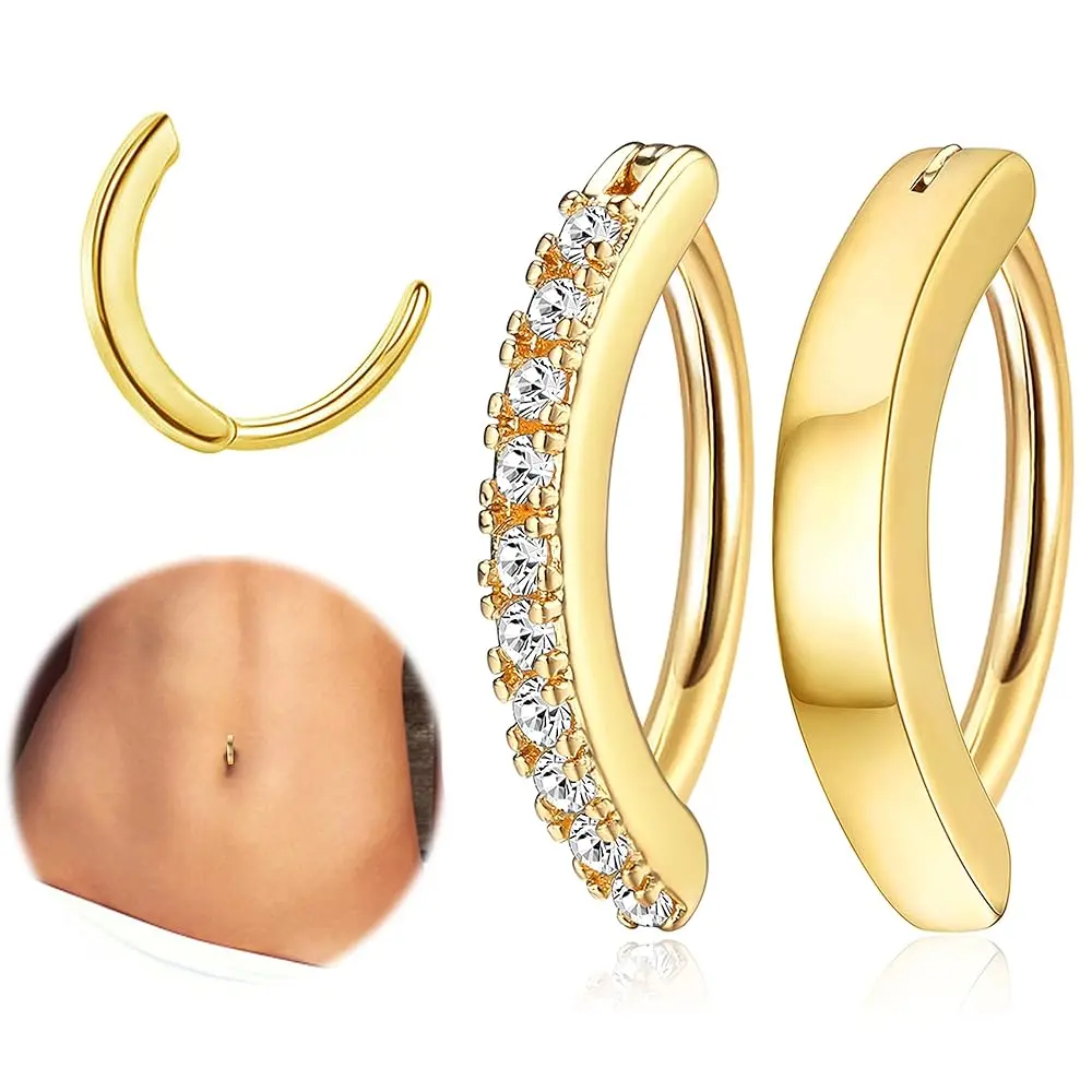 FIASASO Women's 2-Count 14G Geometric Clicker Belly Button Rings - Surgical Steel Body Jewelry Set with CZ Opal Accent, Simple Reverse Navel Rings