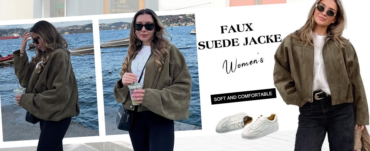 SCUSTY Women's Faux Suede Bomber Jacket Oversized Streetwear Y2K Lapel Long Sleeves Motorcycle Coat