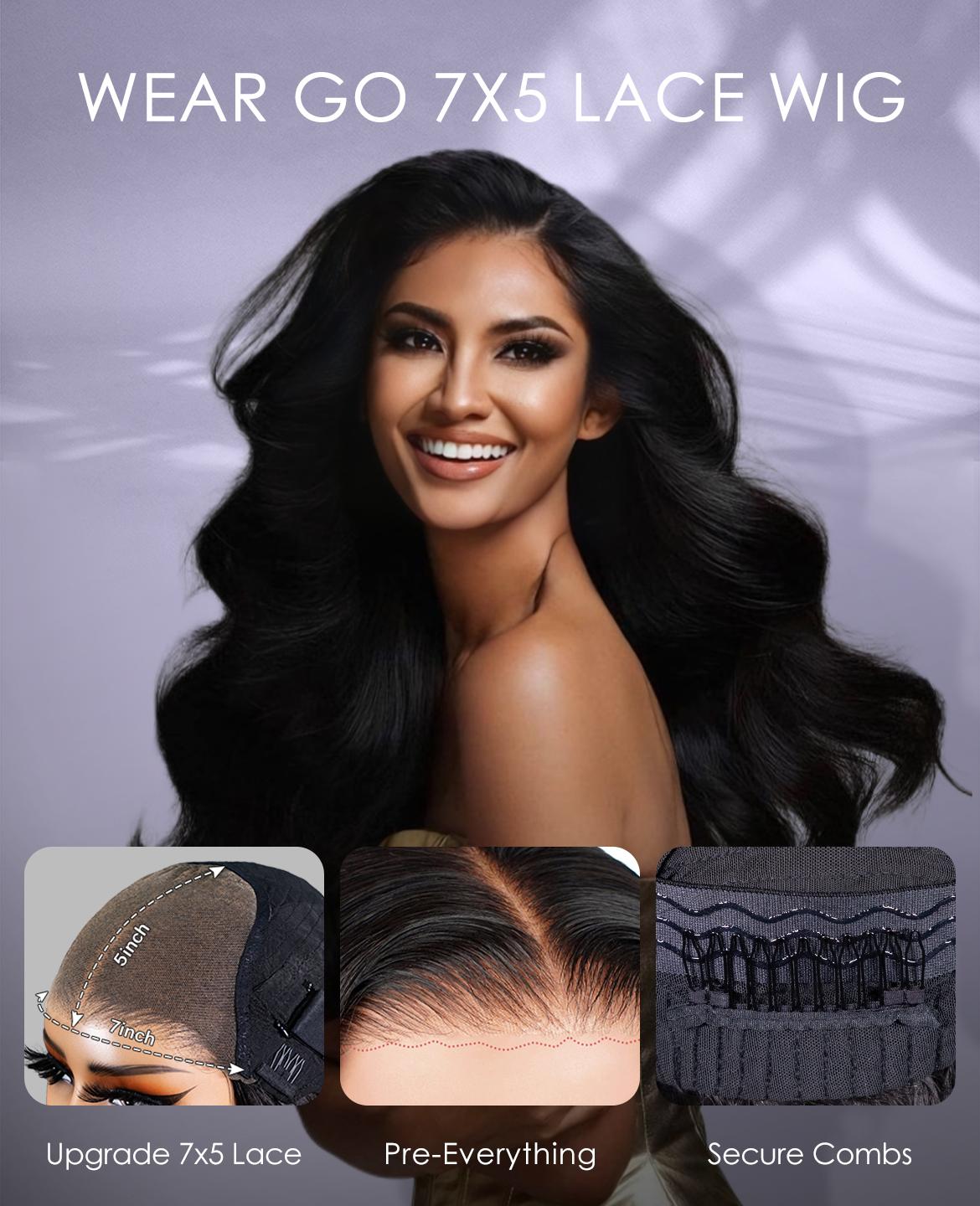 Wavymy Chocolate Brown Face-Framing Curtain Bangs Layered Cut Body Wave Pre-Cut 7x5 Lace Wear Go Glueless Wigs 180% Density Pre-Bleached Tiny Knots Pre-Plucked Natural Hairline 24 Inches