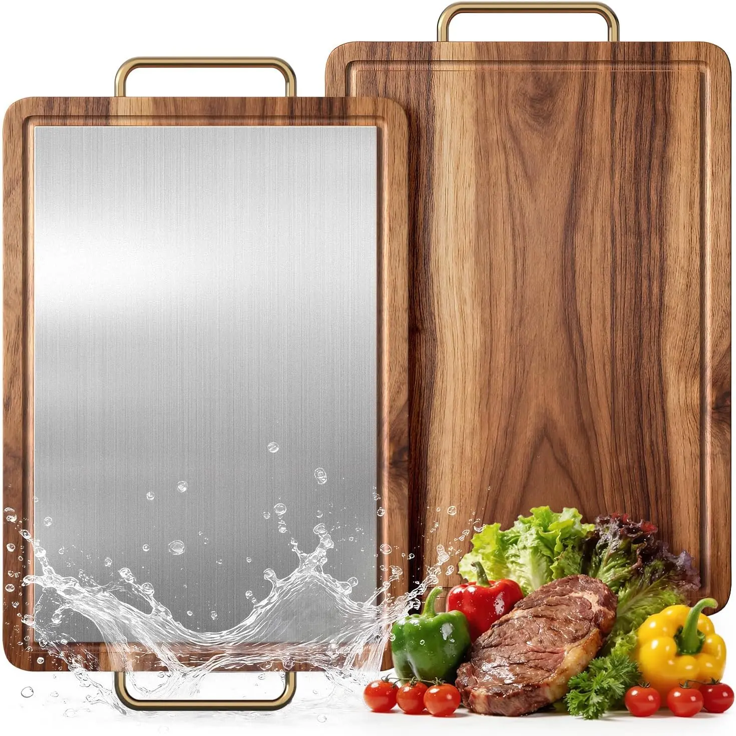 Titanium Cutting Boards for Kitchen, Reversible Acacia Wood Cutting Board, Metal Cutting Boards with Juice Groove and Handle, Versatile Board for Meat and Vegetables Chopping Knives Stainless Steel Wooden