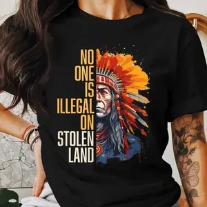 Native American Immigration Cotton Vintage Graphic Top - No One Is Illegal on Stolen Land, Short-Sleeve, Seamless, Smooth, Casual, Fun Graphics, Clean Lines, Minimalist Collar