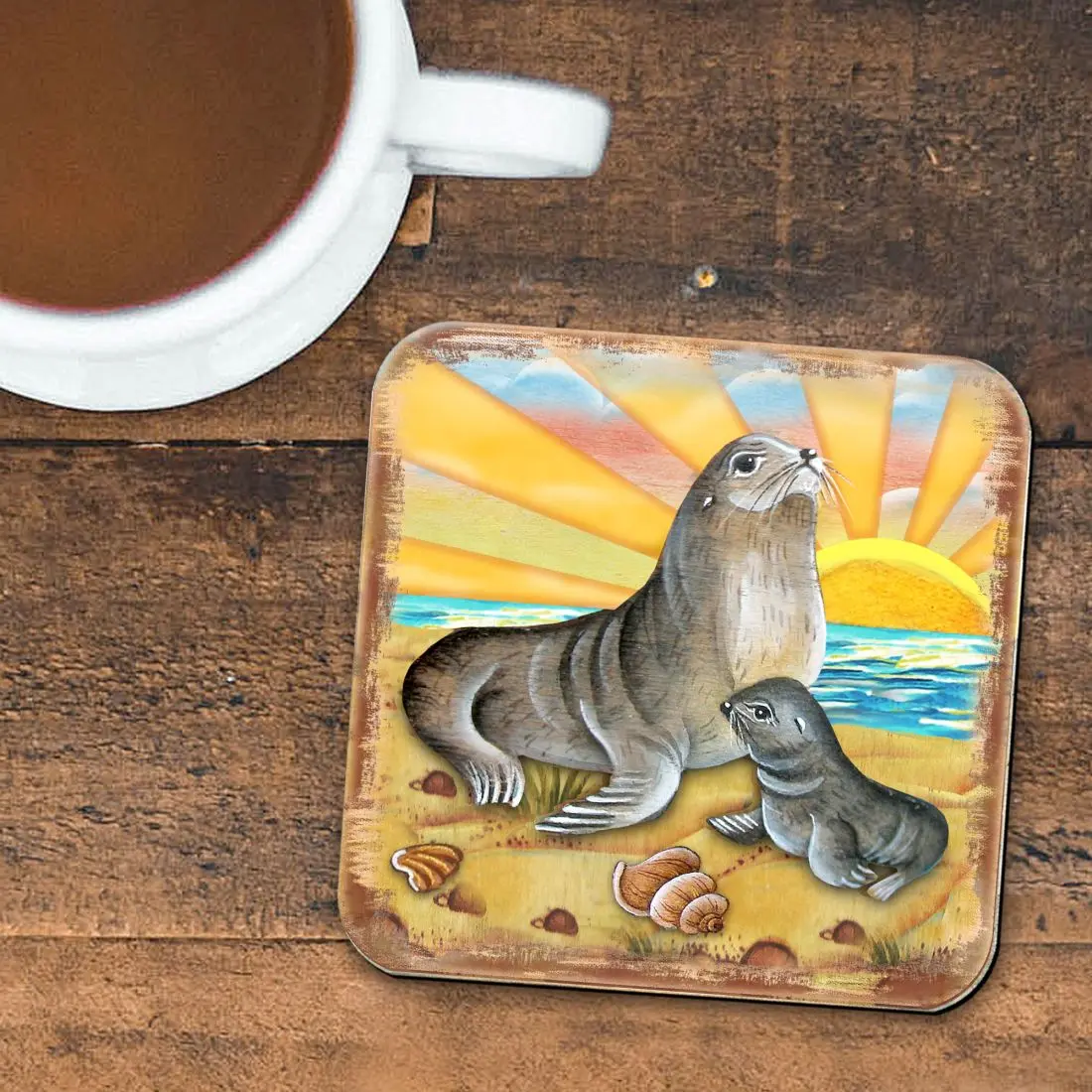 Nature Wonders 8198532-2C-S4 4 x 4 in. Sealion Coastal Wooden Cork Coasters Gift - Set of 4