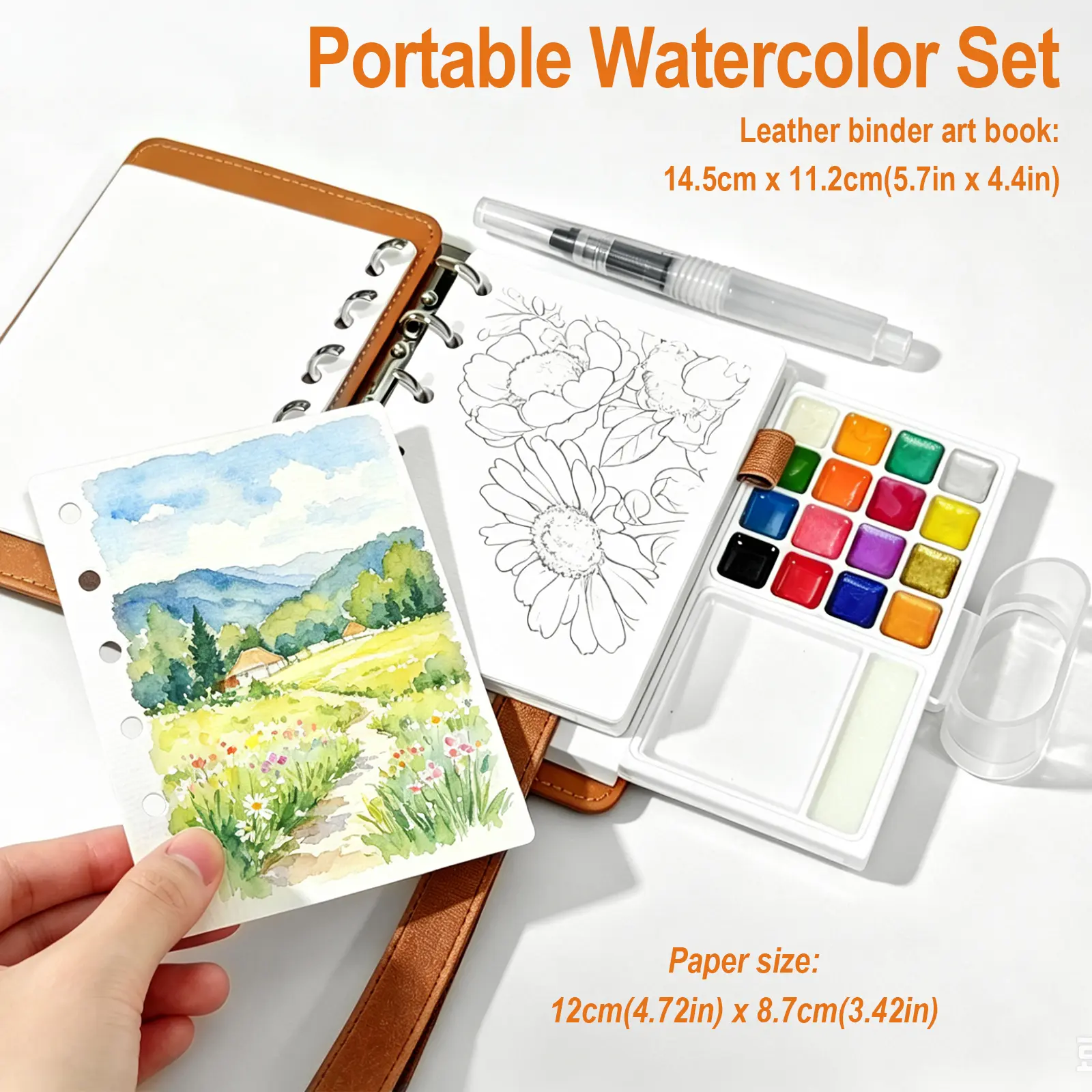 Travel Watercolor Kit - 16 Colors (8 Matte, 8 Shimmer), 30 Sheets Cotton Paper, Detachable Palette, Water Cup, Water Brush for Arts & Crafts Education