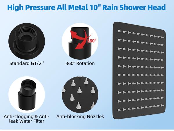Hibbent Upgraded All Metal 10"Rainfall Showerhead Combo, High Pressure Shower Head with 10-Spray Mode Handheld, Innovative 4-way Diverter with Pause Mode, 71'' Shower Hose and Handheld Holder, Black