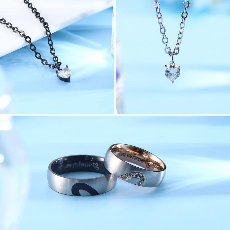 September  Couple Necklace Set with Matching Split-Heart Ring Pendants for Him & Her, Interactive Design, Minimalist Commemorative Jewelry, Valentine’s Day & Birthday Gift for Girlfriend and Boyfriend
