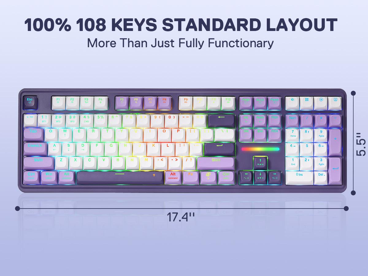 Redragon K745 PRO Wireless Gasket RGB Gaming Keyboard, 108 Keys Mechanical Keyboard w/Extra 4 Hotkeys, Hot-Swap South-Facing LED Socket, 5-Layer Noise Dampening, Round PBT Keycaps, Mint Mambo Switch,Charming Purple, Backlit Keyboard, Ergonomic Mechanical