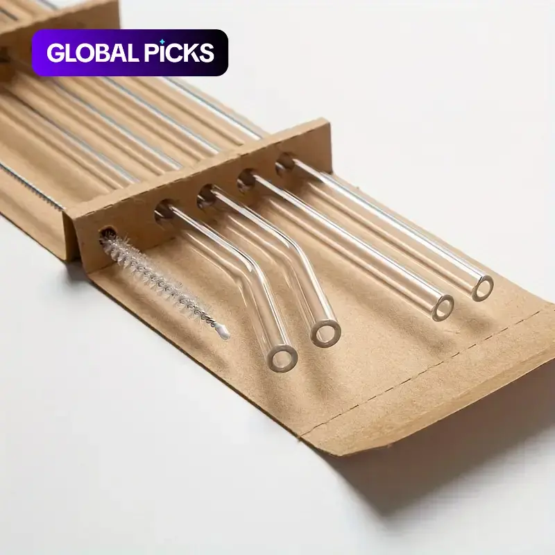 Clear Glass Straws Set, 4 Reusable Heat-Resistant Drinking Straws with Cleaning Brush for Smoothies, Cocktails and Bubble Tea, Drink Accessories #GLOBAL PICKS