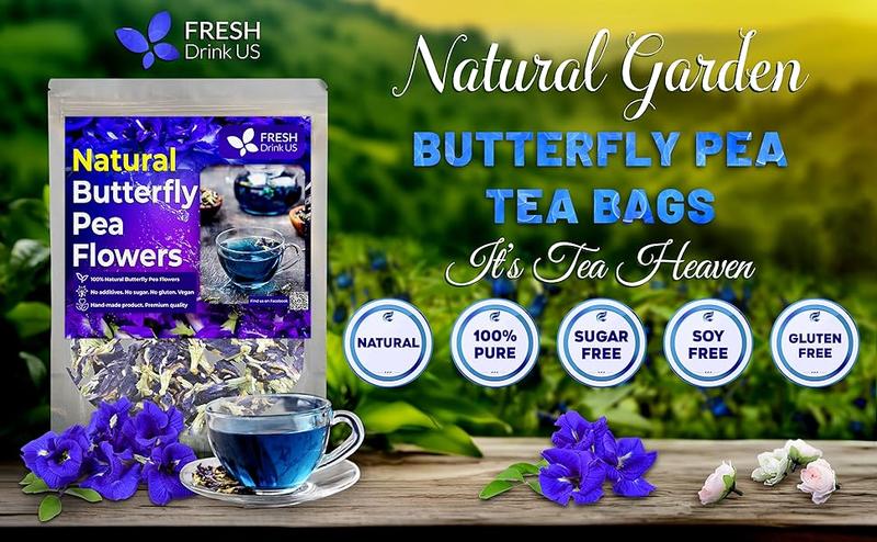 Premium Butterfly Pea Tea, 100% Natural and Pure from Butterfly Pea Flowers, Hand-made, Made With Natural Materials-Corn Fiber Tea Bag, Sugar/Caffeine/Gluten Free, Vegan, Natural Beverage