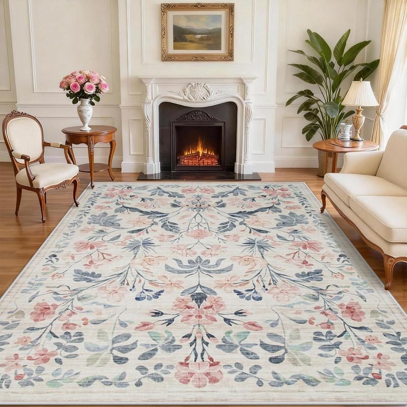 Lagre Boho Living Room Rug Soft Non-Slip Thin Carpet Indoor Floor Non-Shedding Neutral Floral Carpets for Bedroom Dining Room Farmhouse Nursery Washable Rug