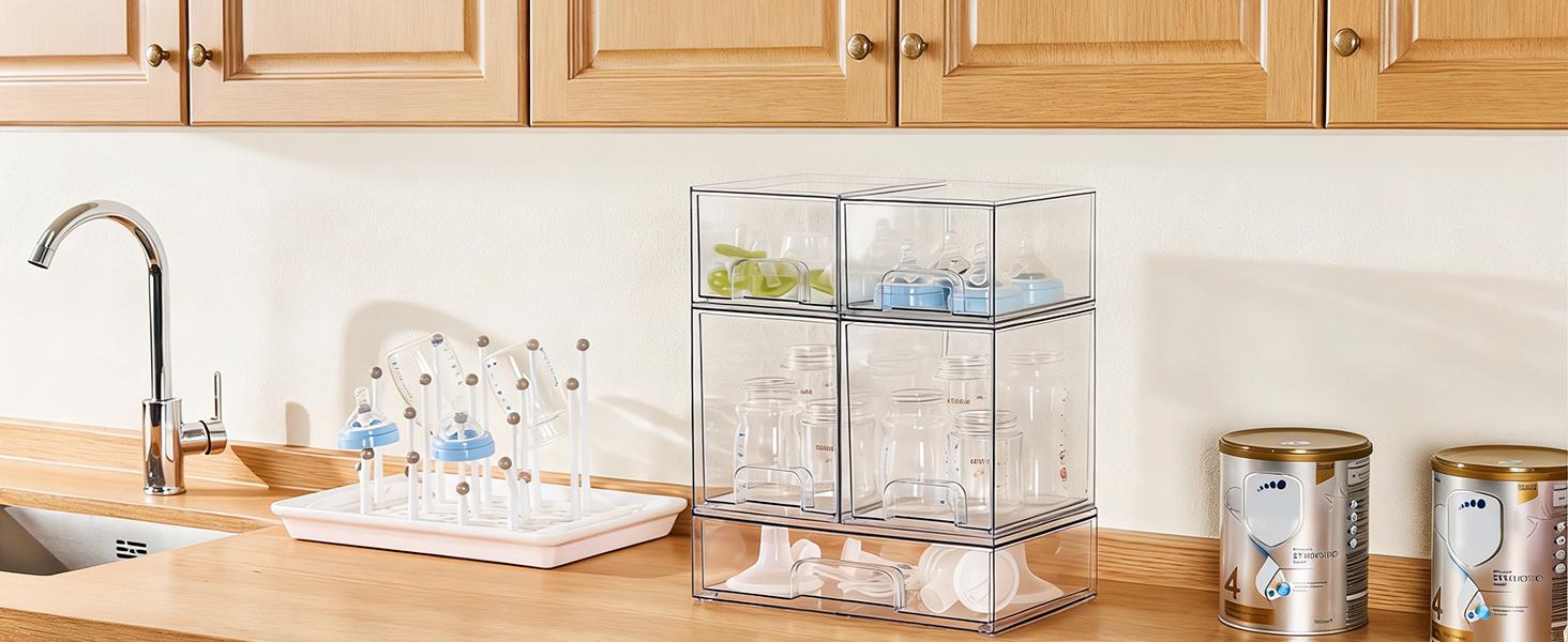 Vtopmart Stackable Storage Drawers Set of 2-8 Clear Plastic Organizer Bins for Nursery Bottle Station and Beauty Supplies Vanity Bathroom Cabinet Pantry Organization Multi-Size Flexible Design BPA-Free Safe New Year Gift