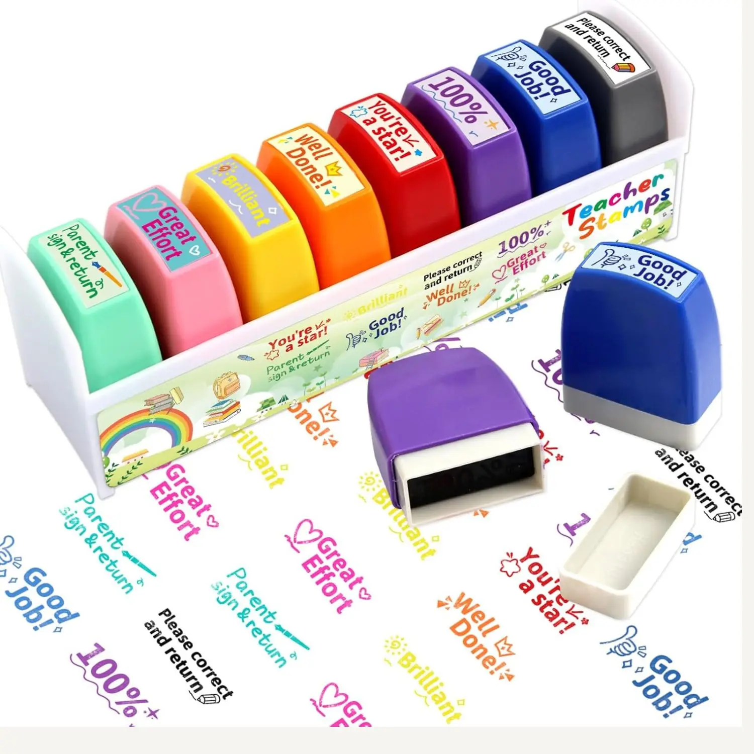Fancy Land Teacher Stamps for Classroom Grading Stamp Set Self-Inking 8 Pcs | Motivational, Encouraging, Signature Stamp, Classroom Supplies, Gifts